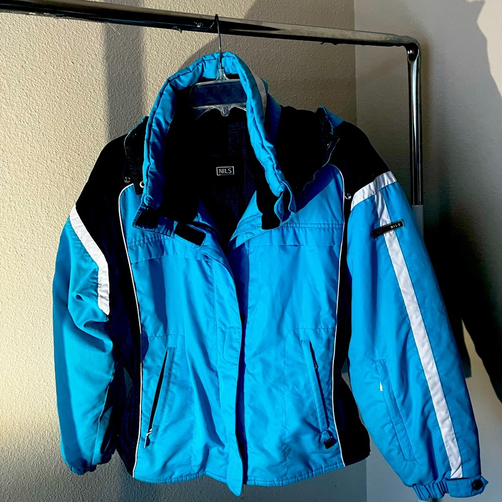 NILS Ski Aqua Y2K Jacket super warm, sexy snow bunny with cinched waist.